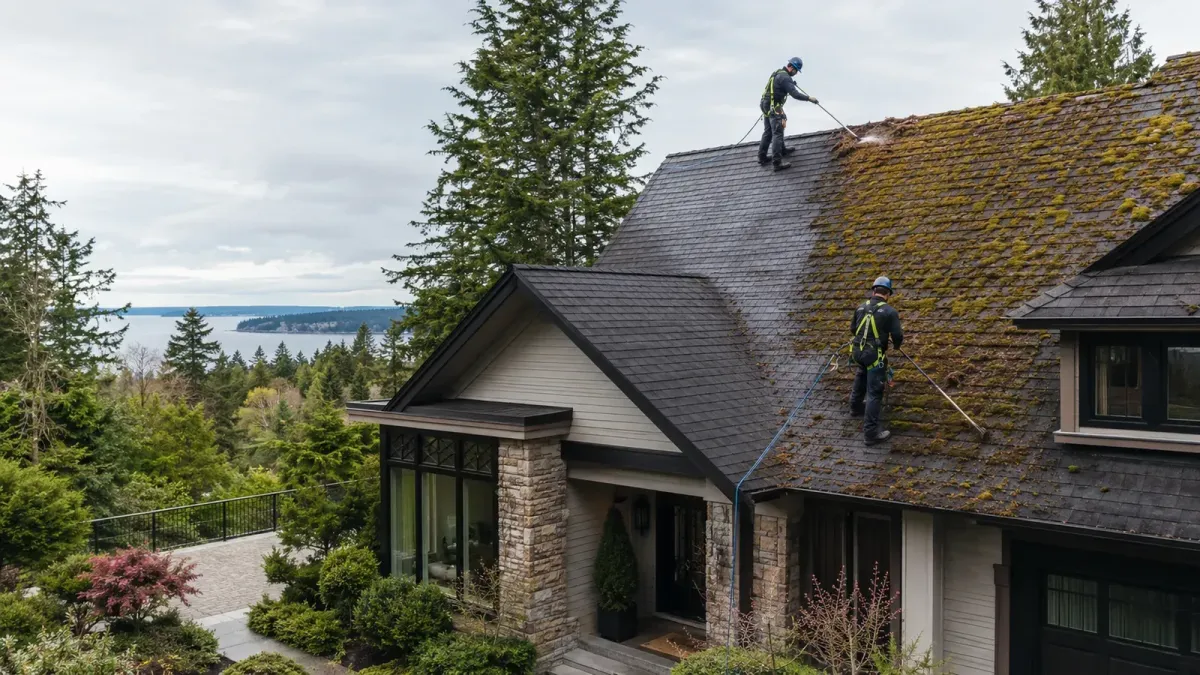 Professional roof moss removal on a luxury Burien WA home with evergreen trees and a cleaned shingle roof