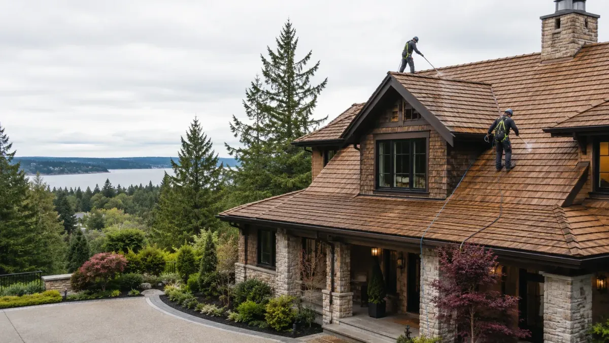 Cedar shake roof treatment on an upscale Burien area home with restored wood roofing and evergreen landscaping