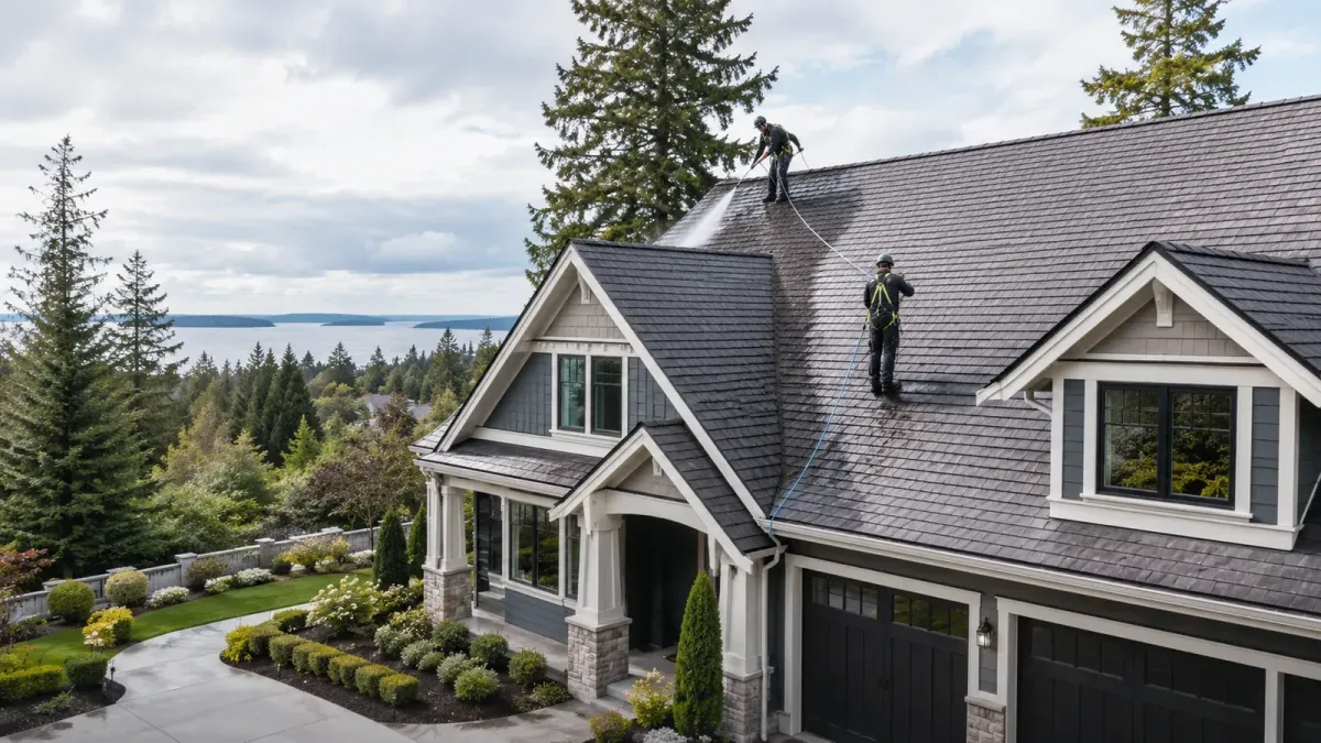 Composition shingle roof cleaning in Burien WA removing streaks and buildup from a luxury Northwest home