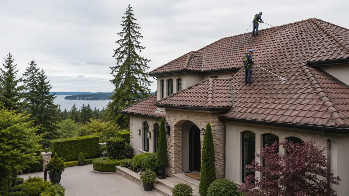 Tile roof cleaning on an elegant Burien area custom home using low-pressure roof-safe methods