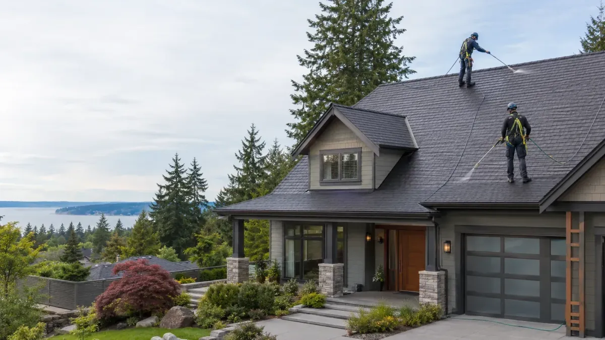 Roof moss prevention treatment applied to a freshly cleaned Burien WA residential roof by professional technicians