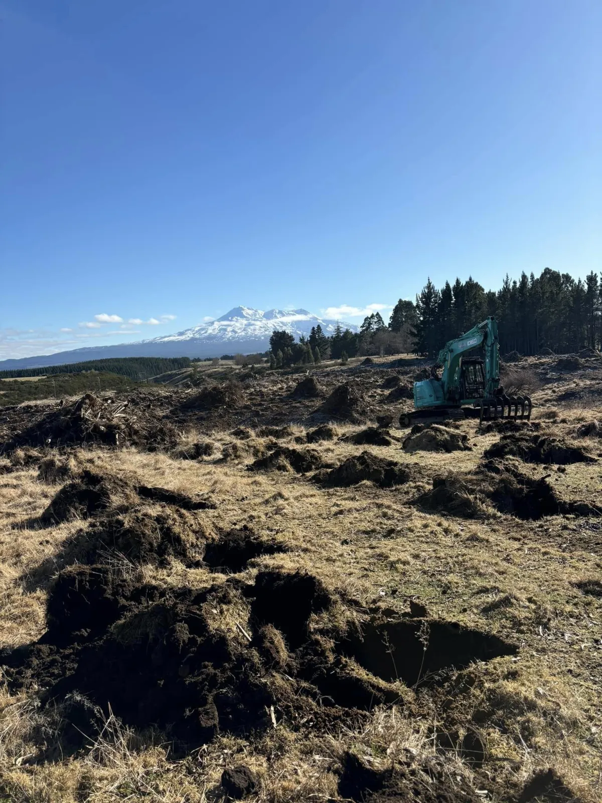 Excavator lifting large rocks and soil for an earthmoving project in rural Ohakune.