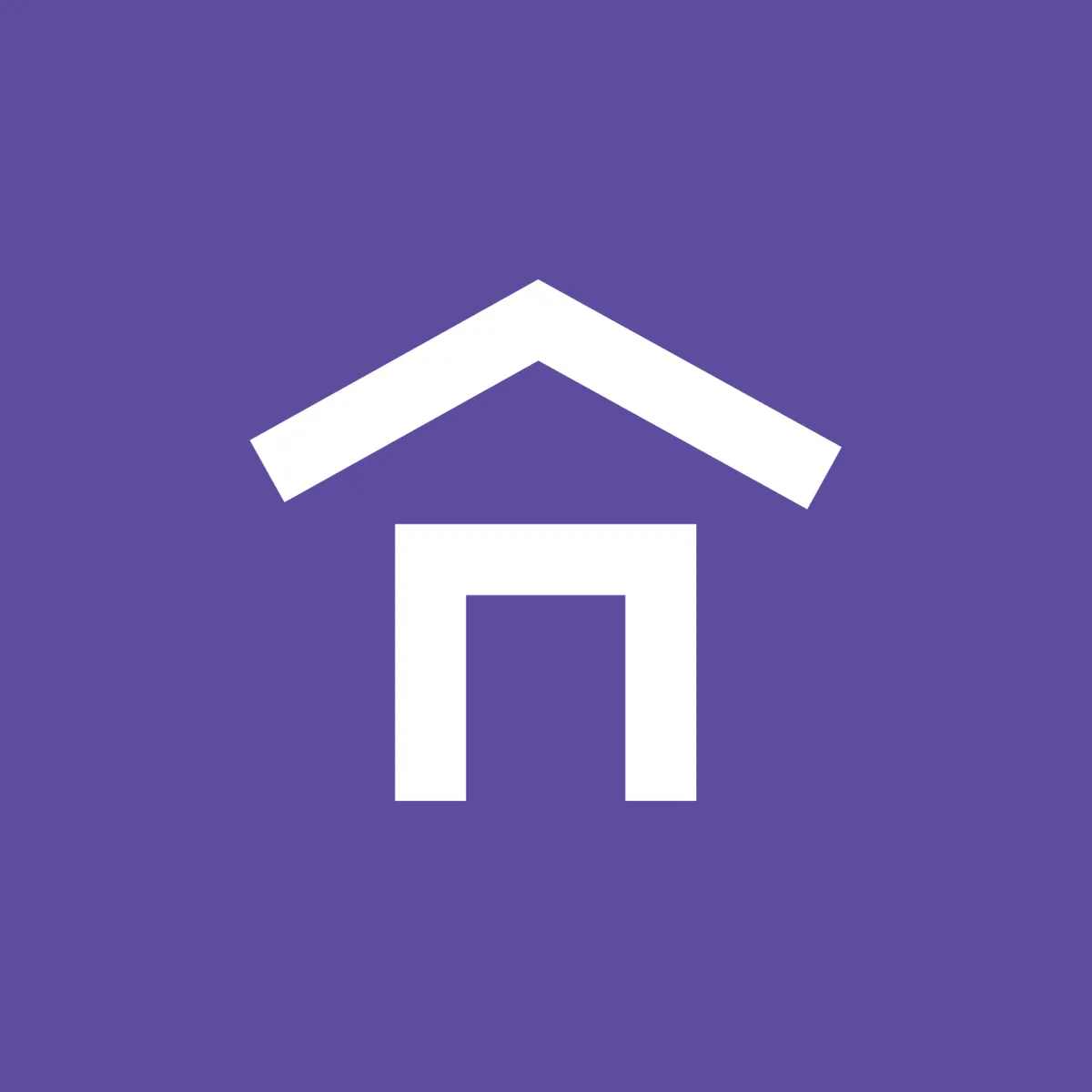 A purple square icon featuring a minimalist white house symbol in the center, representing a home or building with a simple roof and entrance design.