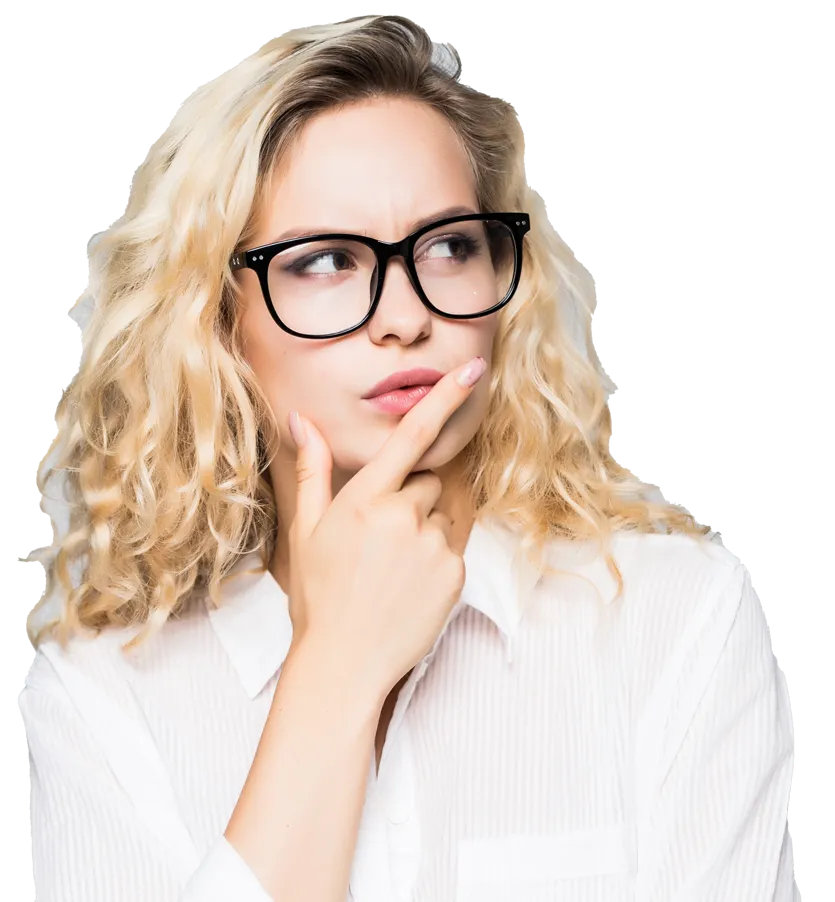 A young woman with curly blonde hair and black-framed glasses is looking thoughtfully to the side, with her hand resting on her chin. She is wearing a white button-up shirt. Her expression suggests she is pondering or considering something. The background is transparent, isolating her as the focal point of the image.