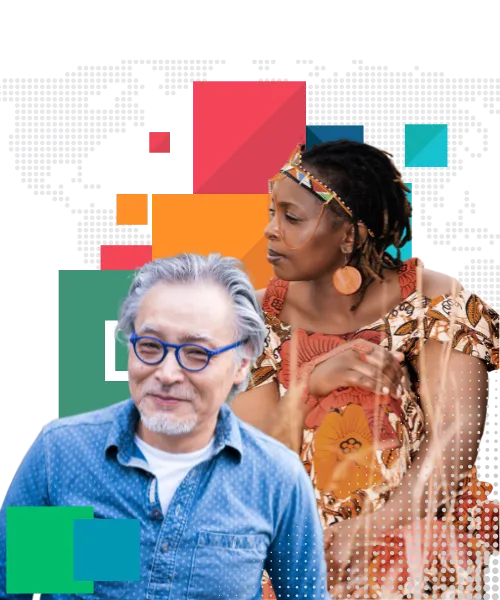 The image features two individuals standing in front of a stylized world map with colorful geometric shapes. The person on the left is an older man with gray hair and glasses, wearing a denim shirt and smiling gently. The person on the right is a woman wearing traditional African attire, including a colorful dress and headband, with a thoughtful expression. The background includes abstract, multicolored squares, enhancing the global and diverse theme of the image.