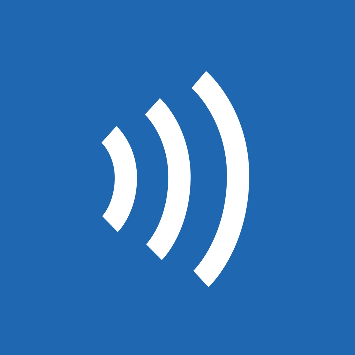 A white icon featuring three curved lines of increasing size, resembling sound waves or a broadcasting signal, is set against a solid blue background. The design suggests communication, broadcasting, or the spreading of information.