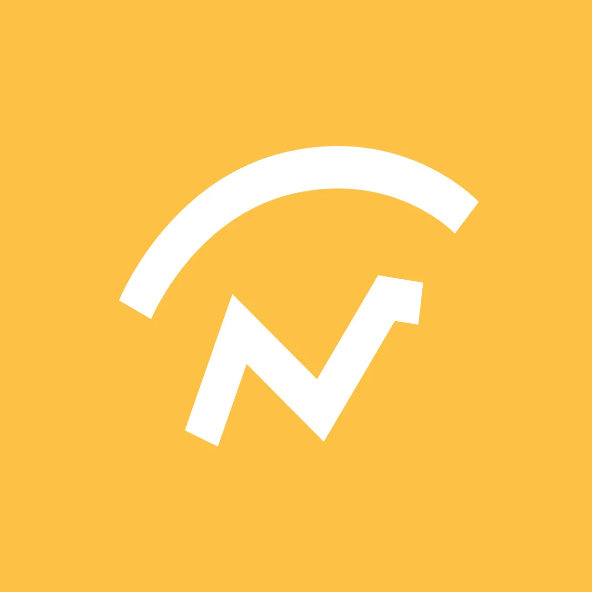 A yellow square icon featuring a minimalist white arrow forming an upward trending line, representing growth or progress, with a curved line above it, possibly symbolizing a dynamic or cyclical process.