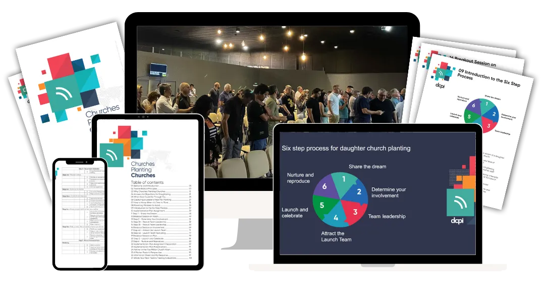 A collage image showcasing various materials and visuals related to the "Churches Planting Churches" program by DCPI. The collage includes printed booklets, digital content displayed on a smartphone, tablet, and laptop, with a focus on a six-step process for daughter church planting. The steps are displayed in a colorful circular diagram on the laptop screen, and in the background, there is a photo of a group of people gathered in a church setting, indicating a communal and collaborative event. The overall design emphasizes the structured approach to church planting and the community aspect of the program.