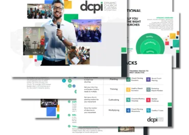 The image shows several overlapping promotional materials for "Dynamic Church Planting International" (DCPI). The primary visible section features a smiling man with glasses holding a microphone, likely in a public speaking or training session. Surrounding him are smaller images depicting people engaged in various activities such as training or attending events. The DCPI logo and the full name "Dynamic Church Planting International" are prominently displayed in the upper right corner. Additional visible content includes a matrix of training tracks and objectives, with categories such as "Planting," "Thriving," "Cultivating," and "Multiplying." The design uses a mix of vibrant colors and geometric shapes.