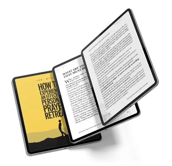 Kindle with 2 following pages of the book Prayer Retreats Change Things. 