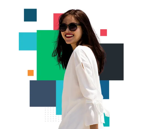 A woman wearing sunglasses and a white blouse is smiling while looking to the side. She has long dark hair, and the background features colorful overlapping geometric shapes in blue, green, red, and orange.