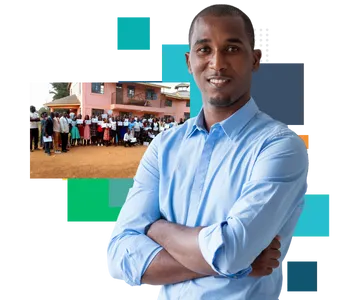 A man in a light blue button-up shirt is standing with his arms crossed, smiling confidently. In the background, there is an image of a large group of people gathered in front of a pink building, and the background is overlaid with colorful geometric shapes in blue, green, and gray.