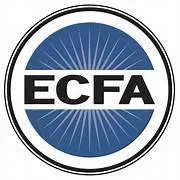 Logo featuring the letters 'ECFA' in bold black text centered on a blue circle with radiating lines, resembling sun rays. The circle is outlined in black and white.