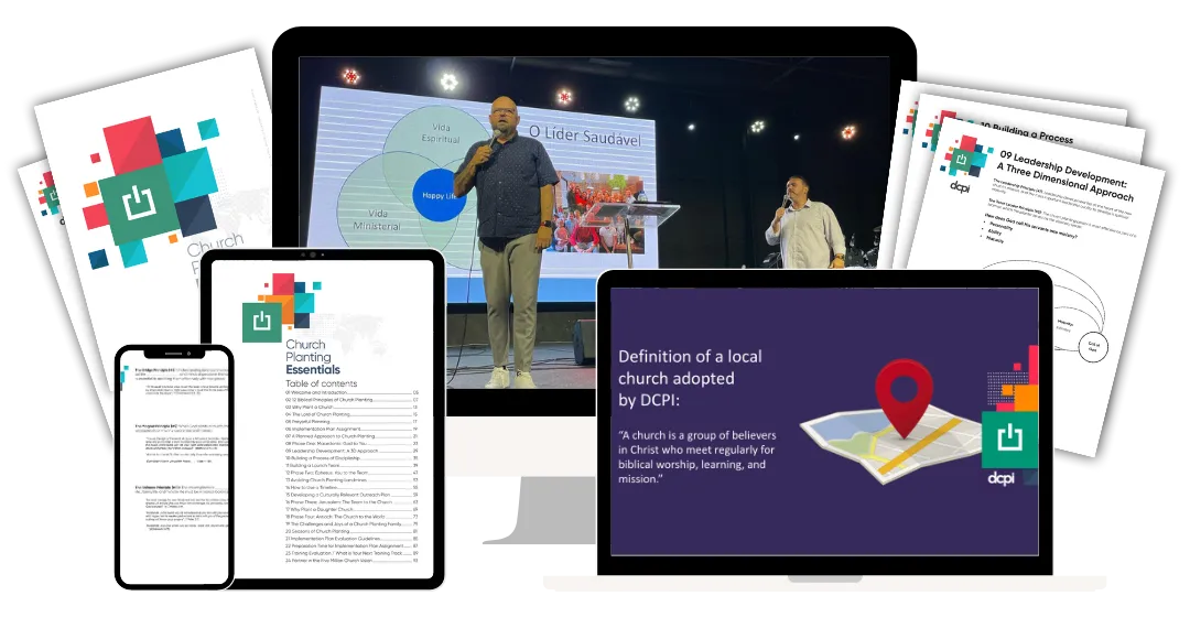 A collage image showcasing various digital and physical resources related to church planting, including documents, a smartphone, a tablet, and a computer screen. The image highlights a speaker presenting in front of a church audience, with a focus on church planting essentials, leadership development, and church-related definitions, all branded with the DCPI logo.