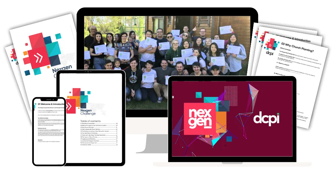 A collage image featuring materials and visuals for the "NexGen Challenge" by DCPI. The collage includes various formats such as printed booklets, digital content displayed on a smartphone, tablet, and laptop, with the "NexGen" logo prominently displayed. In the background, there is a group photo of smiling participants holding certificates, indicating successful completion of the program. The overall design highlights the program's educational and celebratory aspects.