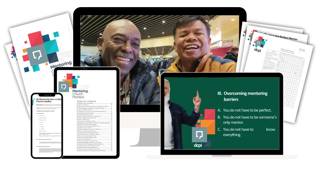 A collage image displaying resources and digital content related to mentoring church planters. The image features printed materials, a smartphone, a tablet, and a computer screen. The digital content includes a table of contents for mentoring church planters, and a slide discussing how to overcome mentoring barriers, along with a photo of two individuals smiling. The DCPI logo is present across the materials, emphasizing the focus on church planter mentoring.