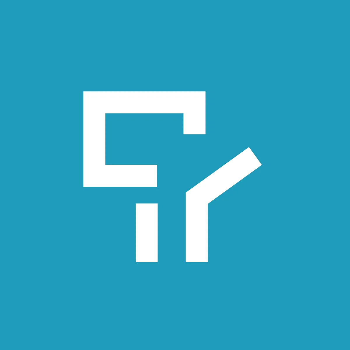 A white geometric icon resembling an abstract letter "T" or a stylized combination of shapes is set against a solid teal background. The design suggests structure, organization, or technology.