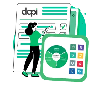 An illustration featuring a woman standing and interacting with a large document labeled "dcpi." The document has text and checkboxes, with the woman holding a pencil as if she is checking off items. Next to the document, there is a smaller graphic showing a circular diagram with the words "Planting," "Multiplying," "Cultivating," and "Thriving" in the center, surrounded by a variety of colorful icons representing different concepts or actions. The overall design is modern and vibrant, with green being the dominant color.