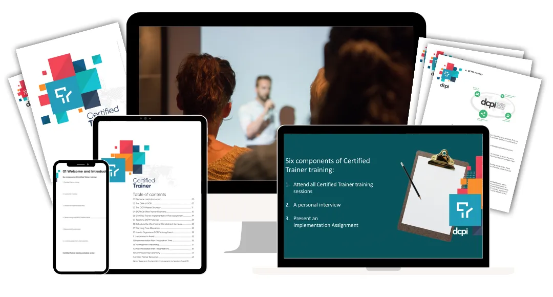 A collage of digital and printed materials related to the Certified Trainer program. The image shows a variety of devices, including a smartphone, tablet, and computer, displaying content from the Certified Trainer training course. A printed booklet and documents are also visible. In the background, a speaker is presenting to an audience. The screen on the computer lists the six components of the Certified Trainer training, which include attending training sessions, a personal interview, and presenting an implementation assignment. The DCPI logo is also present, indicating the organization's involvement in these materials.