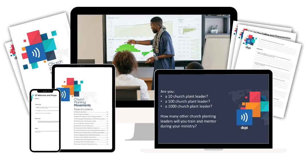 A collage of digital and printed materials related to church planting movements. The image shows a variety of devices, including a smartphone, tablet, and computer, displaying content from the church planting movements course. A printed booklet and documents are also visible. In the background, a speaker is presenting data on a large screen to an audience. The theme appears to be about leadership in church planting, with a focus on training and mentoring other leaders. The DCPI logo is also present, indicating the organization's involvement in these materials.