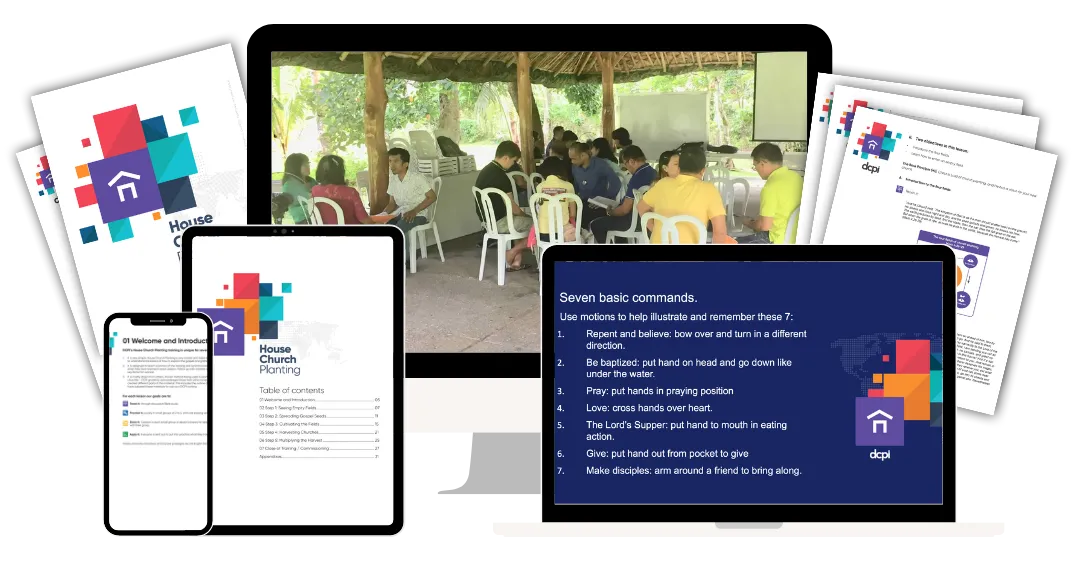 A collage image showcasing resources related to house church planting, including documents, a smartphone, a tablet, and a computer screen. The image also features a group of people in a workshop setting, engaged in discussions under a thatched roof shelter. The digital content includes a table of contents for house church planting and a slide displaying "Seven basic commands" for church activities, all branded with the DCPI logo.