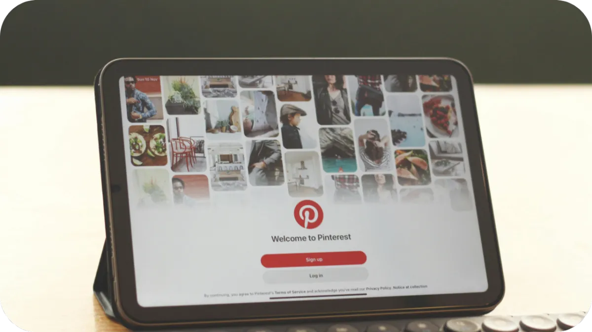 Tablet showing the welcome page of Pinterest
