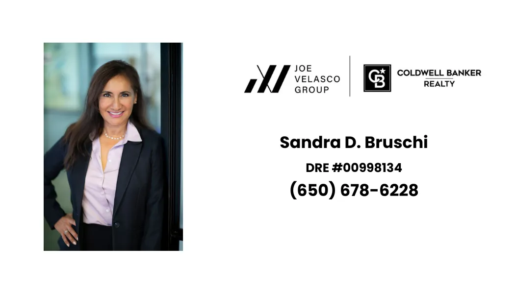 Combined asset: Sandra Bruschi photo with CB JV Logo at lower-left, phone number on a semi-transparent dark bar at bottom-right, and clear space above for agent name and DRE #