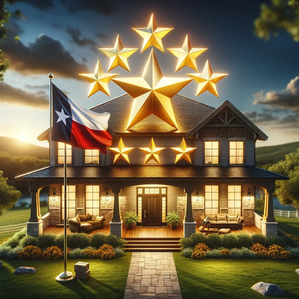 Texas flag behind a home with five golden stars representing top-rated Houston roofing company Precision Roof Crafters