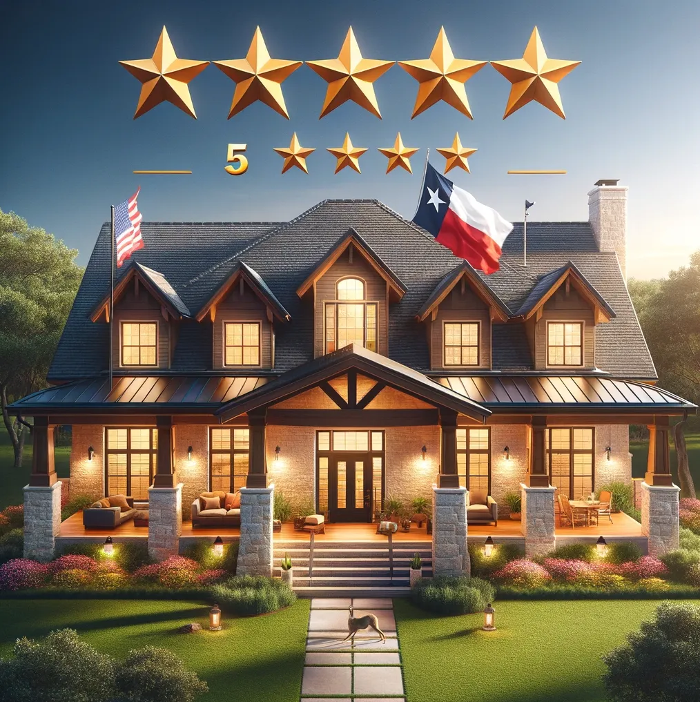 Texas flag behind a home with five golden stars representing top-rated Houston roofing company Precision Roof Crafters