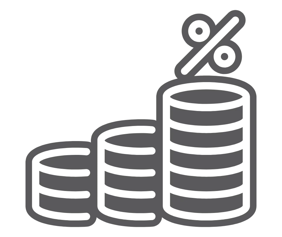 Icon symbolizing rising tax burdens, featuring stacked coins increasing in height with a percentage sign on top.