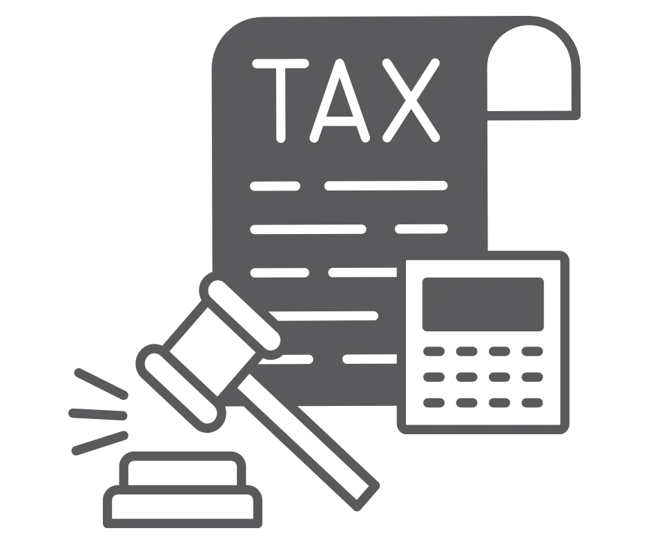 Icon representing uncertainty about tax laws, featuring a gavel, a tax document, and a calculator.