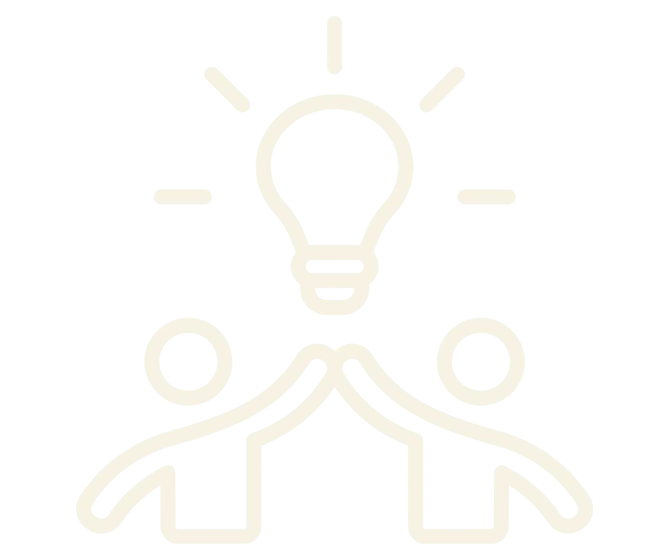 Icon depicting two figures high-fiving beneath a glowing lightbulb, representing a collaborative and innovative approach.