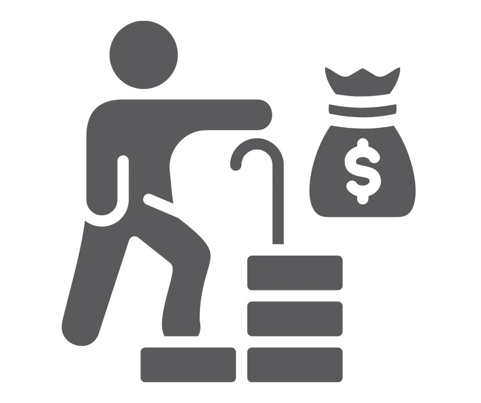 Icon depicting a person with a cane stepping up on stacked blocks, alongside a money bag symbol, representing financial growth and stability in retirement.