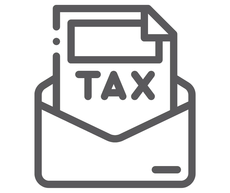 Icon of a document labeled 'TAX' emerging from an envelope, symbolizing unexpected tax bills or financial obligations.