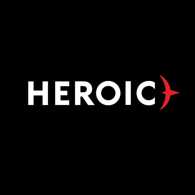 Heroic logo in white with unusual arrow in red on right - black background