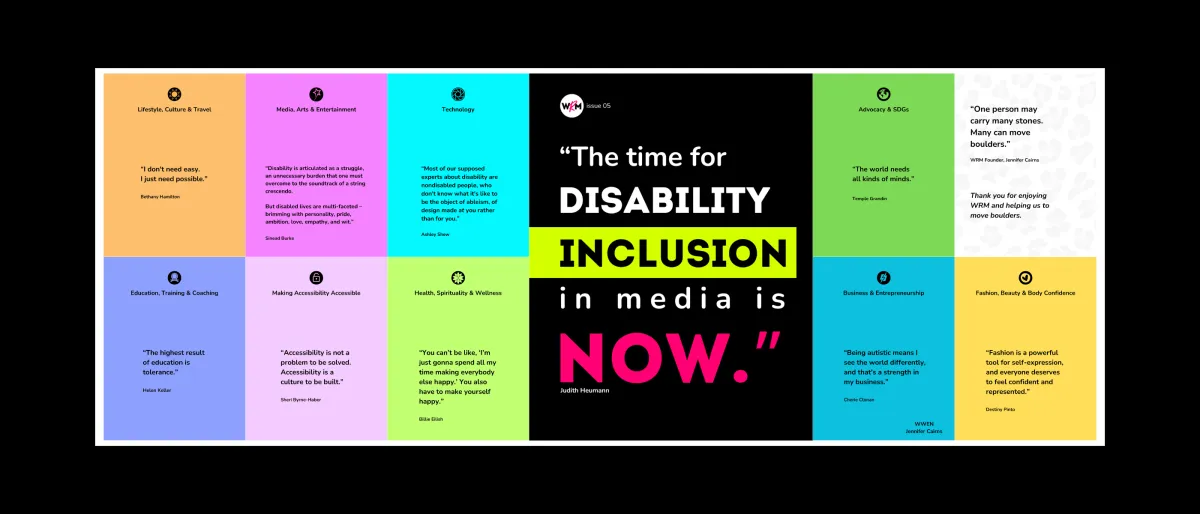 WRM 05 cover and numerous inside pages laid out in two lines. The quote on the black cover reads, "The time for disability inclusion in media in now." by Judith Heumann