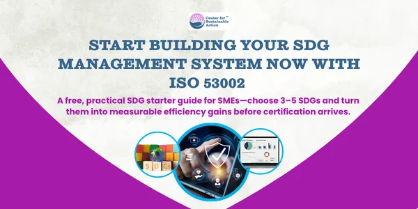 Construction and manufacturing leaders reviewing an “ISO 53002 SDG starter plan” showing 3–5 priority SDGs, quick wins, and a roadmap toward ISO 53001 certification.