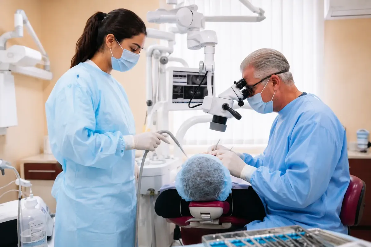 Dentist examining a patient's teeth with assistant