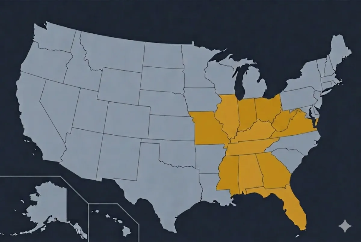 Service area map covering 11 states