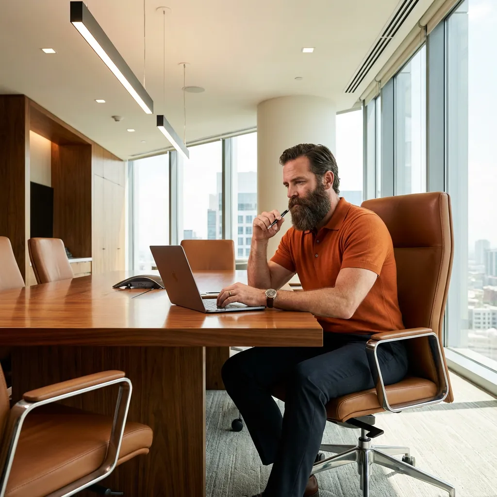 A friendly support specialist at a desk, wearing a headset and smiling, surrounded by plants and earth-toned office decor. The environment feels approachable and modern, with orange accents highlighting the workspace. 1:1 aspect ratio.