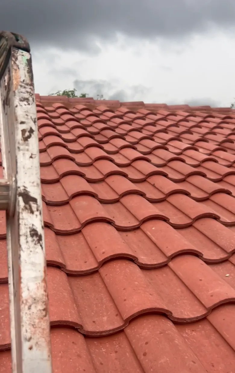 Completed Red Tile Roof from Ladder