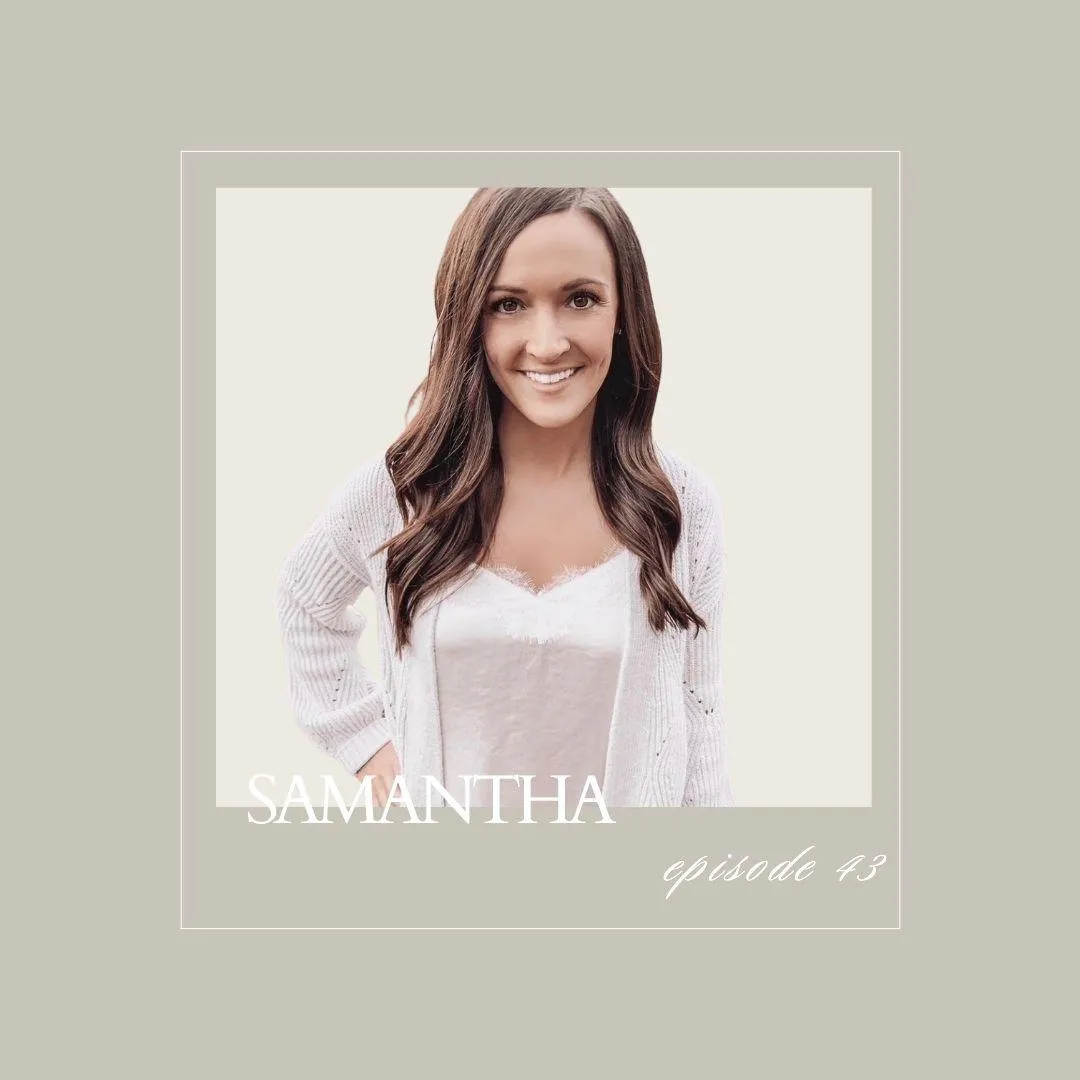 Smiling woman with long wavy hair wearing a white lace-trimmed top and cardigan, against a neutral background. Samantha DeCosmo. By Chance Avenue for childless women.