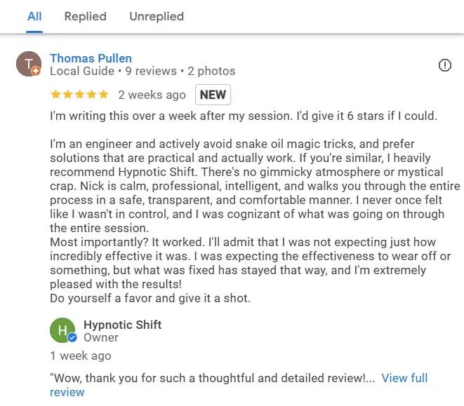 A testimonial taken from Google reviews from a satisfied client