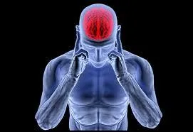 X-ray style illustration of a person with head and brain highlighted in red showing chronic pain