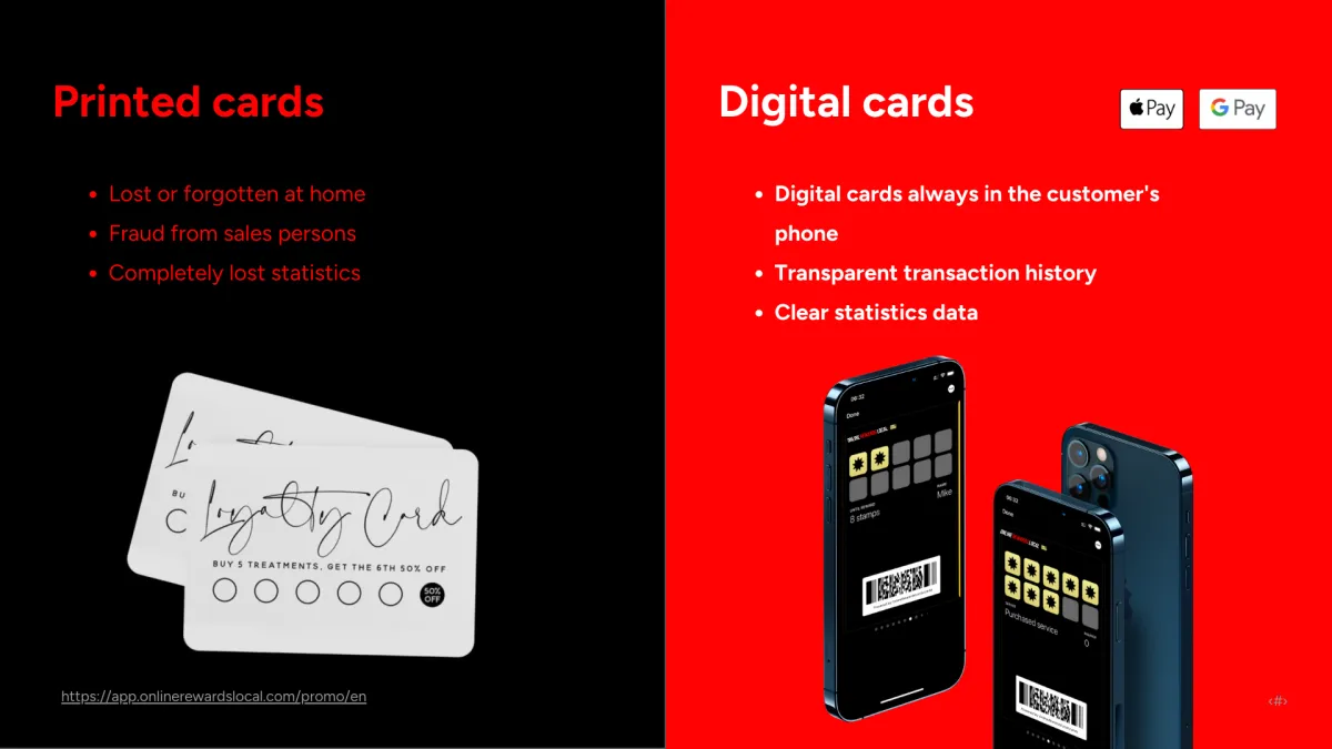 Printed loyalty cards versus digital loyalty cards comparison, highlighting benefits of digital cards like accessibility on smartphones and clear transaction history.