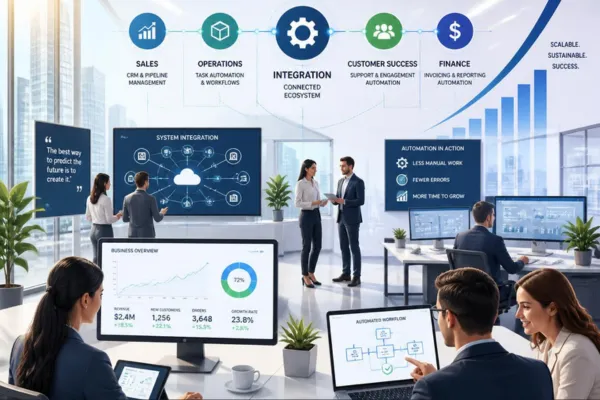  Illustration showing a growing business supported by organized systems and automation.