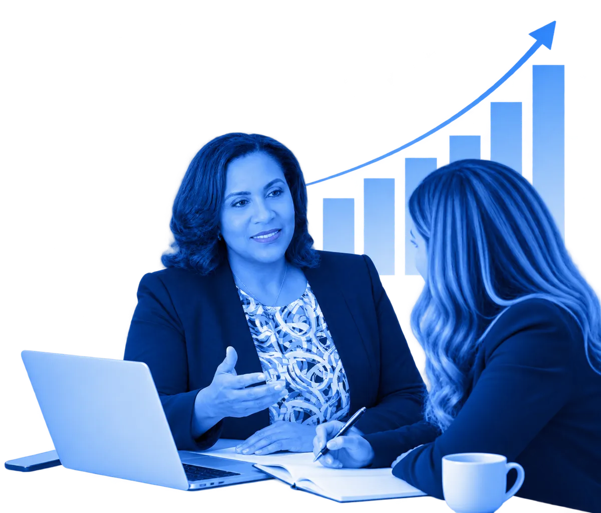A professional business coach meets with a client to discuss strategy, goals, and opportunities for growth, represented by an upward-trending graph in the background.