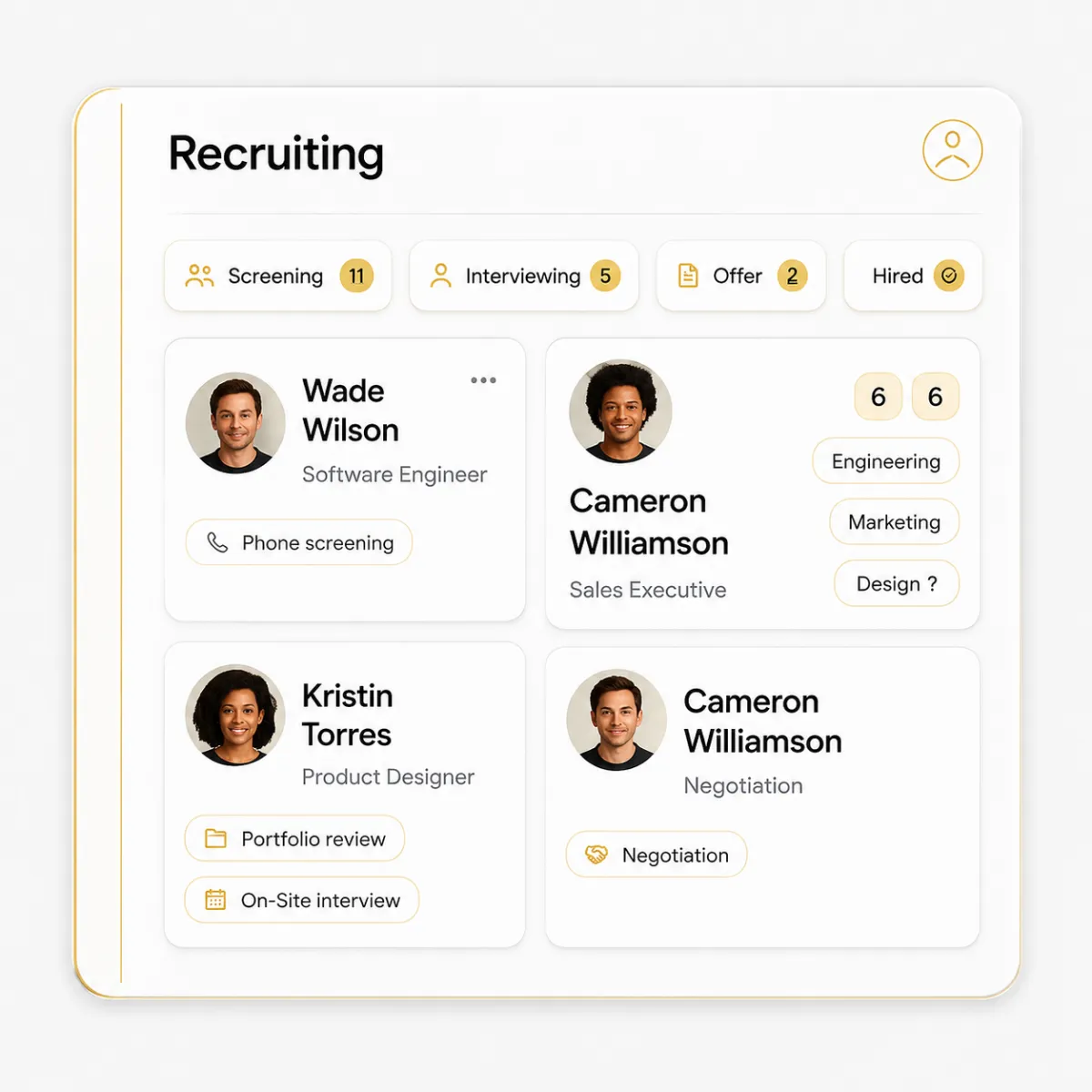 Floating recruiting dashboard mockup showing candidate pipelines and AI summaries