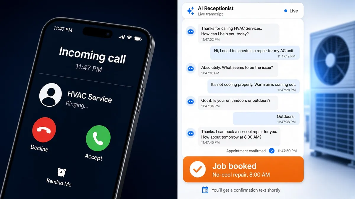 Incoming Call Hero Mockup showing active AI Receptionist call interface for HVAC services
