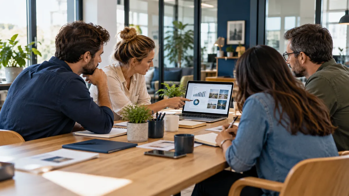 Illustration of a marketing team reviewing a website and follow-up workflow